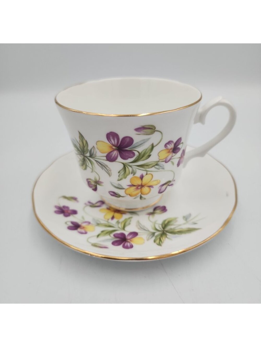 Duchess Teacup & Saucer Purple Yellow Flowers Gold Gild Bone China England